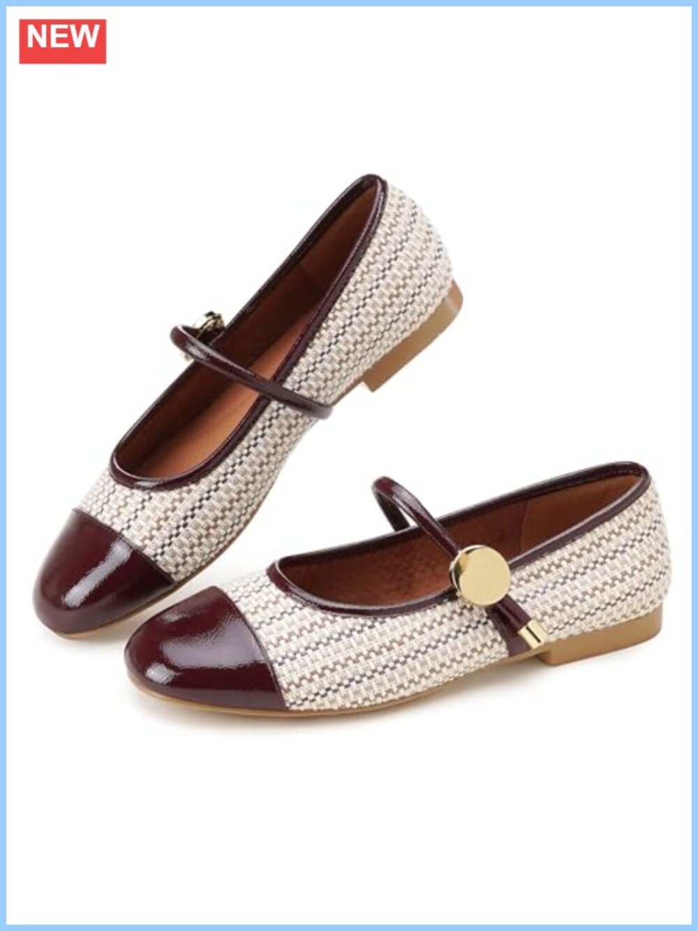 Mary Jane Flats Two Tone Cap Toe Tweed Woven Ballet Flat with Strap Slip On